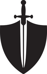 A stylized illustration of a sword and shield, symbolizing protection and power. The design features a sword positioned vertically within a shield
