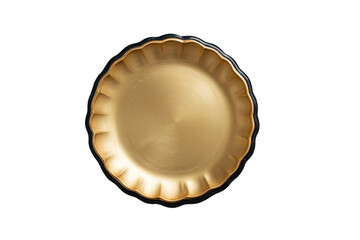 a gold plate with a black rim on a white background