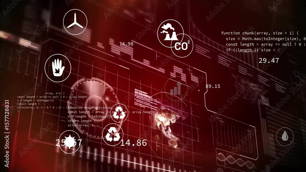 Poster hand icon appearing atop globe starting icons pulsing and streaming code displaying live metrics