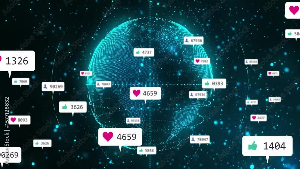 Poster cyan globe appearing rotating with icons bouncing updating counts along orbits showing engagement