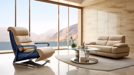Full-frame ultra-modern lounge design with a shiny blue leather sofa, pale olive recliner chair, clay beige plaster walls, minimalist chrome coffee table, and wide sliding glass doors,