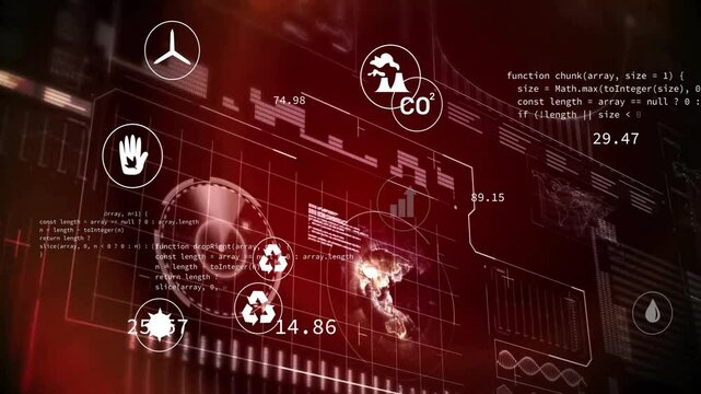Hand icon appearing atop globe starting icons pulsing and streaming code displaying live metrics