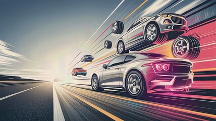 A dynamic digital illustration of sleek sports cars racing at high speed on a highway with motion blur and vivid colors.