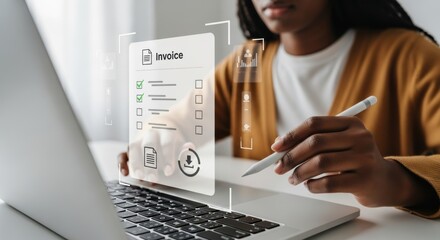 Modern Invoice Processing: Black Woman Using Laptop with Digital Overlay.