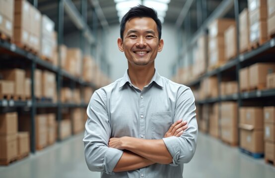 Asian engineer in warehouse with clipboard checks inventory goods on shelves and boxes. Pro man works in logistics industry at factory. Asian male in uniform oversees stock storage and shipment.