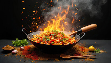 Wok on gray countertop filled with stir-fried food vegetables, meat, rice. Wooden spoon stirs contents. Dark background highlights vibrant colors of food and wok.