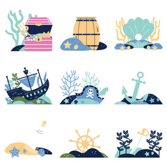 Flat Ocean Kingdom Scene with Underwater Treasure and Water Creator Theme