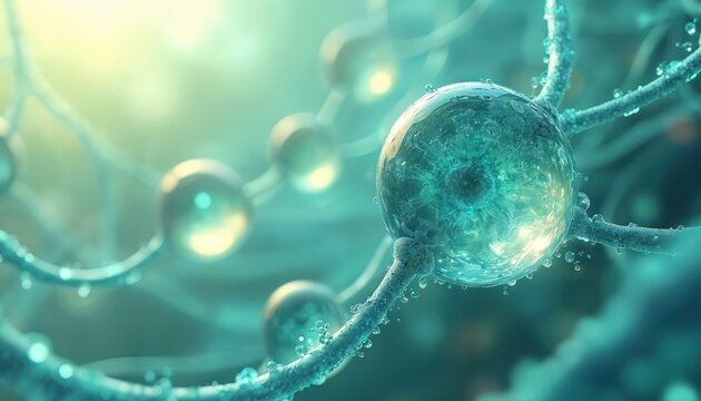 Close-up of crystal lattice structure composed of interconnected small units. Blue-green material creates latticework-like pattern. Dark blue background provides contrast.