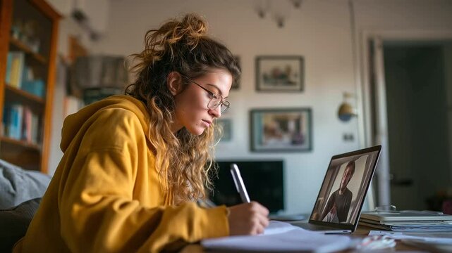 Young woman attending online lesson via laptop, taking notes while teacher explains concept through video call e-learning, distance education, remote teaching, online