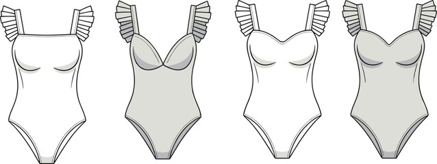 Women's Fashion One-Piece Swimsuit Design Technical Flat Sketch with Ruffled Straps and Sweetheart Neckline, CAD Drawing Flat Vector Illustration