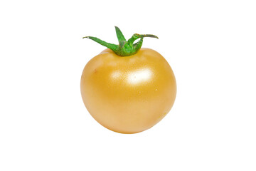 a yellow tomato with a green stem on a white background
