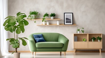 Full-frame view of a cozy minimalist living room with cobalt blue sofa, leaf green upholstered armchair, rustic beige plaster walls, floating wood shelf with plants,