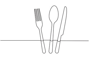 Minimalist line art of spoon fork and knife on white background for kitchen and restaurant design