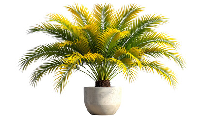 Obraz premium Yellow palm ornamental plant in a decorative cement, concrete, or ceramic pot, rendered as a high-resolution 3D illustration. 