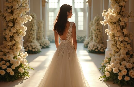 White wedding dress, back view. Young brunette bride stands with groom in garden with white roses, plants, two columns. Bride wears flower in hair, groom in suit. Luxury, love, wedding day.