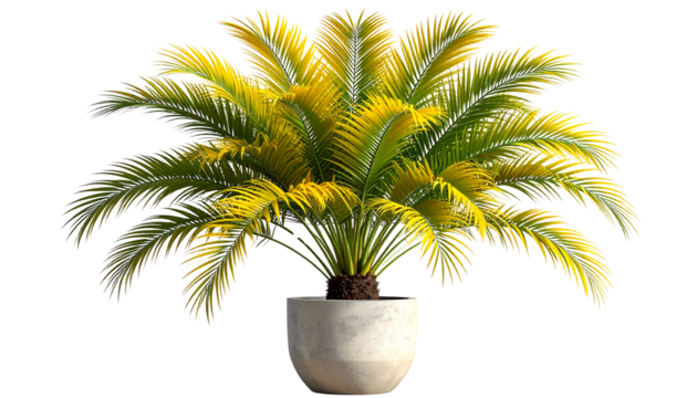 Yellow palm ornamental plant in a decorative cement, concrete, or ceramic pot, rendered as a high-resolution 3D illustration. 