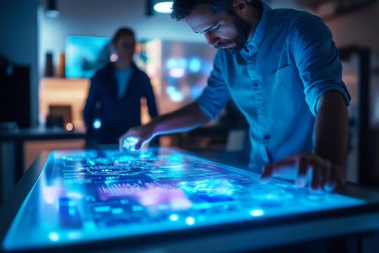 Man interacting with futuristic touchscreen table in a technology setting, illuminated by blue lights.