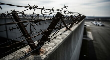 A close-up, low-angle shot of rusted barbed wire on a concrete wall, with a blurred background of what appears to be an industrial or prison yard.