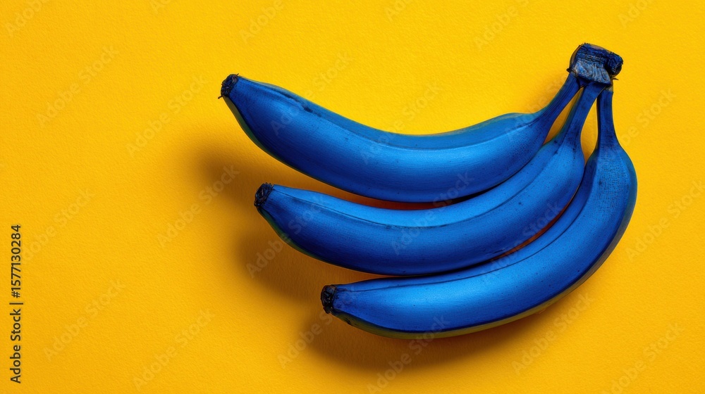 Poster blue bananas sit on a vibrant yellow background creating a surreal visual experience that captivates