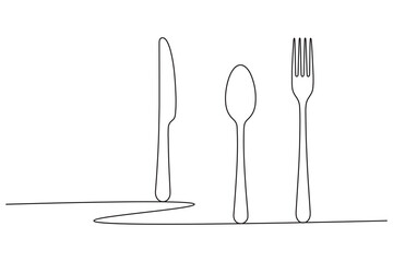 Minimalist line art of spoon fork and knife on white background for kitchen and restaurant design