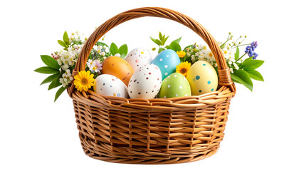 Easter basket filled with multicolored hand-painted eggs and decorated with spring flowers. 