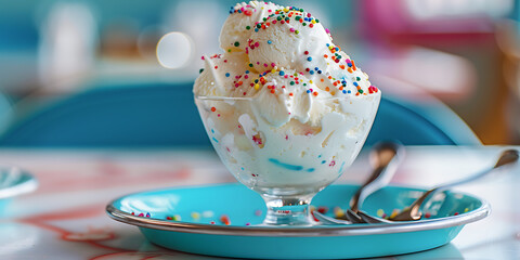 Ice Cream Sundae with Colorful Sprinkles on Blue Plate

