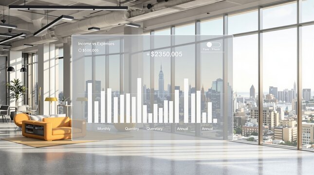 Modern Office Interior with Financial Data Overlay and City View