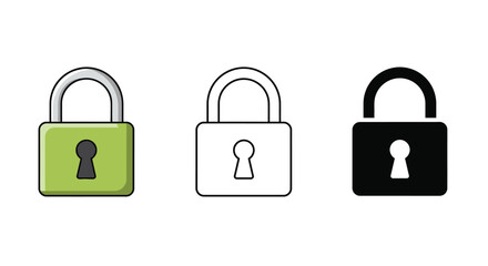 Three padlocks in different styles and colors on a white background