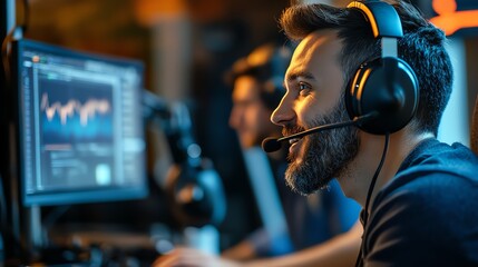 Man wearing headset working on computer with charts, focused on task in modern tech environment.