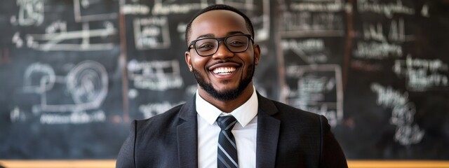 Confident African American Teacher Standing in Classroom with Chalkboard Background Educator Stands Before