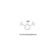 2,6-Di-tert-butylphenol skeletal structure. Hindered phenol compound schematic illustration. Simple diagram, chemical formula.