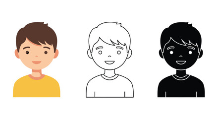 Boy Avatar in Color Outline and Silhouette Style Isolated on White