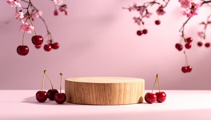 Cherries and blossoms with wooden pedestal