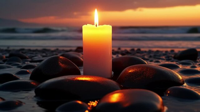 Illuminated candle on wet stones at dusk, peaceful scene, meditation