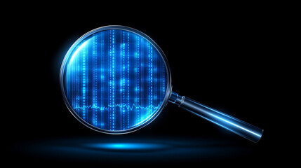 Magnifying glass digital search blue light data analysis technology concept on black background