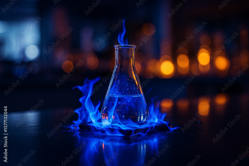 Poster ai generated a glowing blue flame surrounding a glass flask in a futuristic lab setting highlighting