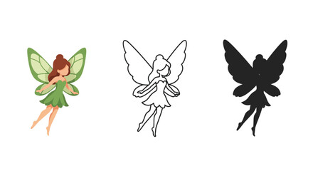 Cute Fairy Illustration Set with Color Outline and Silhouette Versions