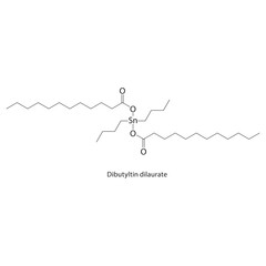 Dibutyltin dilaurate skeletal structure. Organotin ester compound schematic illustration. Simple diagram, chemical formula.