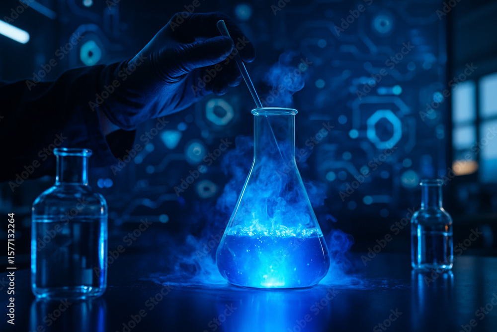 Poster ai generated high tech laboratory scene with glowing blue liquid reaction in erlenmeyer flask releas