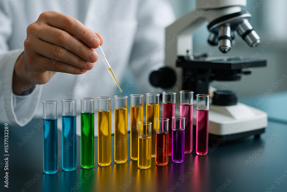 Poster ai generated a precise laboratory scene with colorful chemical liquids in test tubes and a scientist