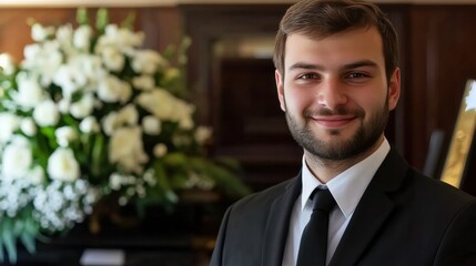 Fototapeta premium Embracing Solace: A Young Funeral Attendant's Professional Care and Comfort During Memorial Attendant Finds in
