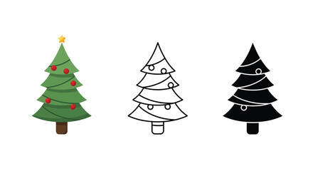 Three Christmas Tree Illustrations in Color Outline and Silhouette Style
