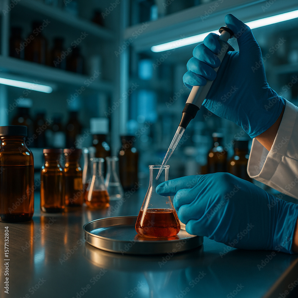 Poster ai generated a gloved hand uses a pipette to drop red liquid into an erlenmeyer flask under clinical