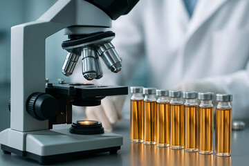 AI generated a close up view of a high precision microscope analyzing golden liquid samples in test tubes with a scientist preparing specimens in a clean and modern laboratory environment