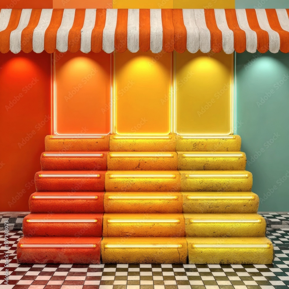 Poster vibrant display stand: a captivating display stand under a striped awning, inviting with a spectrum 