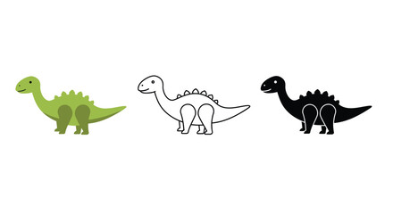 Cute Cartoon Dinosaur Illustration in Color Outline and Silhouette Styles