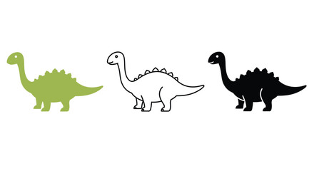 Three Stegosaurus Dinosaurs in Green Outline and Silhouette Style on White Background