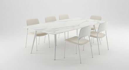 White Marble Dining Table with Matching Chairs on White Background PNG