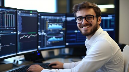 Happy Data Analyst Analyzing Finance on Computer Monitor Cheerful Young Reviewing Financial Metrics
