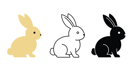 Rabbit Icons in Different Styles Colored Outline and Silhouette